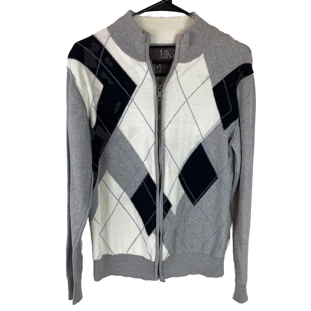 BKE Argyle Mens Gray Full Zip Sweater Size Medium Long Sleeve 100% Cotton